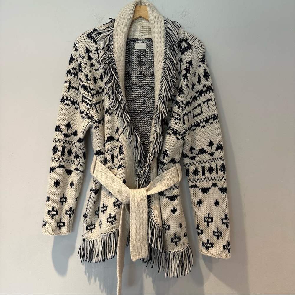 MOTHER Belted Short Cardigan Alpaca Blend Fringe Ivory Navy Blue S NWOT - Picture 5 of 11